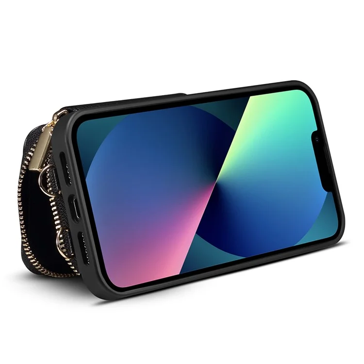 For iPhone 13 6.1 inch Cell Phone Cover Kickstand Card Holder Wallet PU Leather+TPU Phone Case with Strap - Black