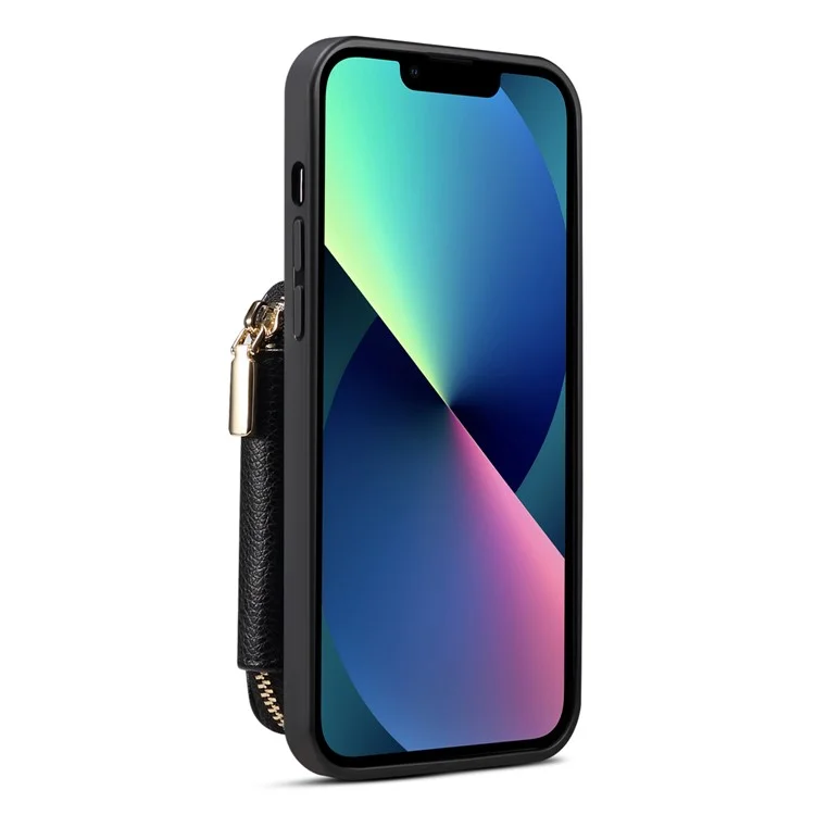 For iPhone 13 6.1 inch Cell Phone Cover Kickstand Card Holder Wallet PU Leather+TPU Phone Case with Strap - Black