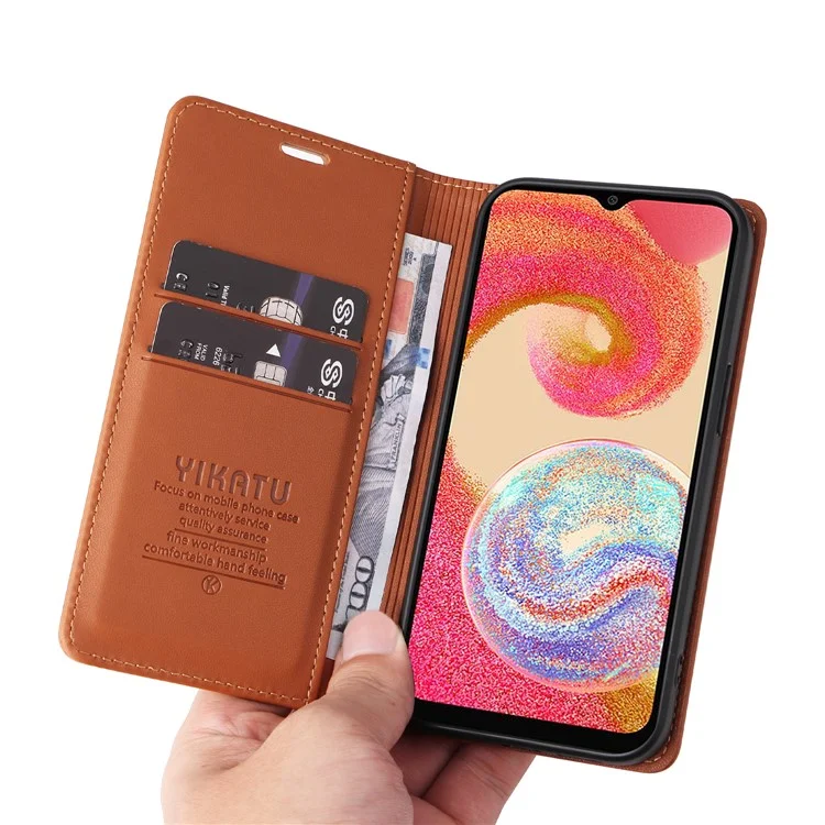Étui portefeuille flip YIKATU pour Samsung Galaxy A04e 4G / F04 4G / M04 4G YK- 001 en cuir PU avec support magnétique absorbant - Marron