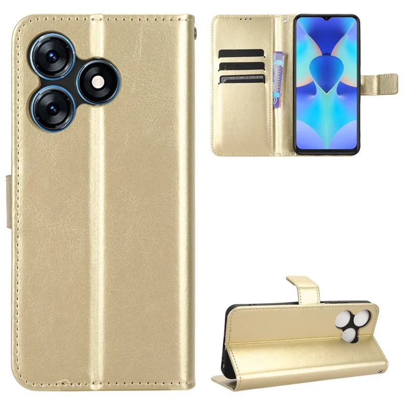 For TECNO Spark 10 4G PU Leather Wallet Case Crazy Horse Texture Stand Flip Phone Cover - Gold