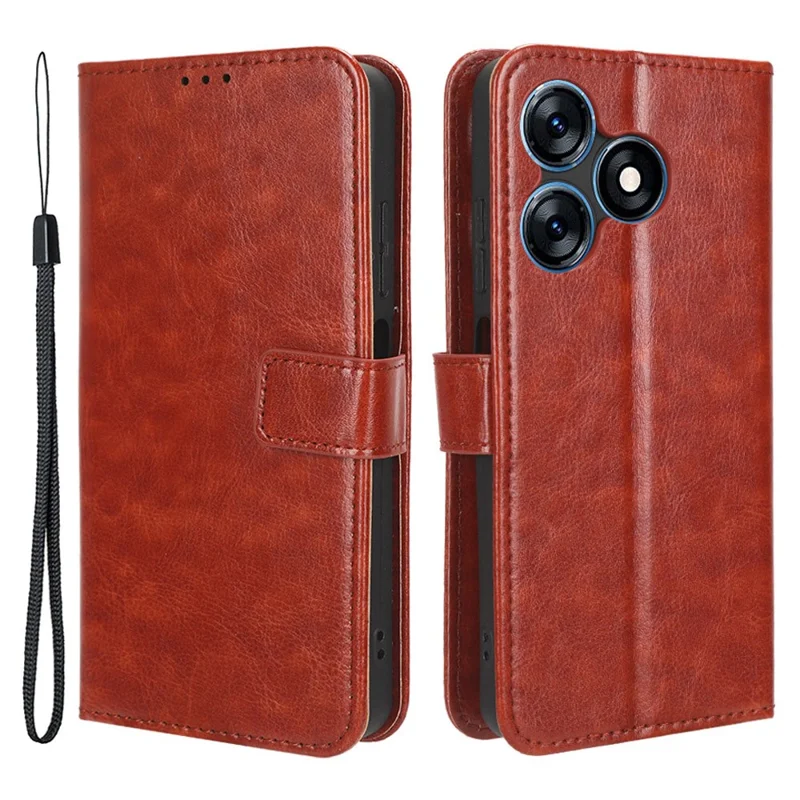For TECNO Spark 10 4G PU Leather Wallet Case Crazy Horse Texture Stand Flip Phone Cover - Brown