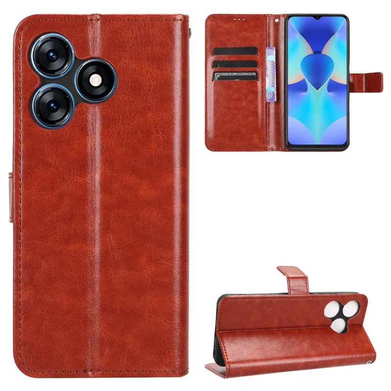 For TECNO Spark 10 4G PU Leather Wallet Case Crazy Horse Texture Stand Flip Phone Cover - Brown