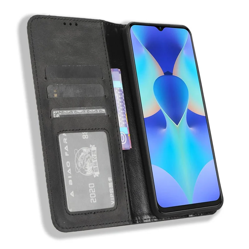 For TECNO Spark 10 4G PU Leather Vintage Phone Case Wallet Stand Folio Protective Cover - Black