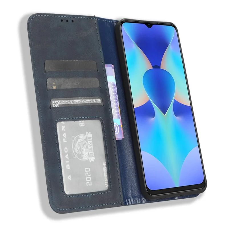 Para TECNO Spark 10 4G Funda de teléfono tipo cartera de piel vintage con soporte - Azul