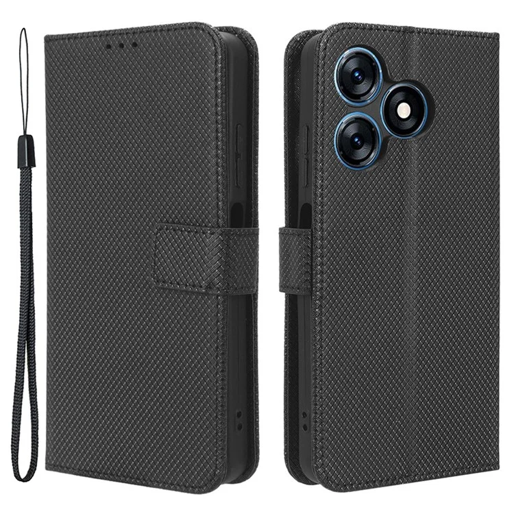 Para TECNO Spark 10 4G Folio Leather Protective Phone Cover Stand Diamond Texture Flip Wallet Case - Preto
