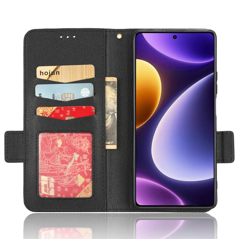 For Xiaomi Redmi Note 12 Turbo 5G / Poco F5 5G PU Leather Wallet Case Litchi Texture Stand Phone Cover with Strap - Black