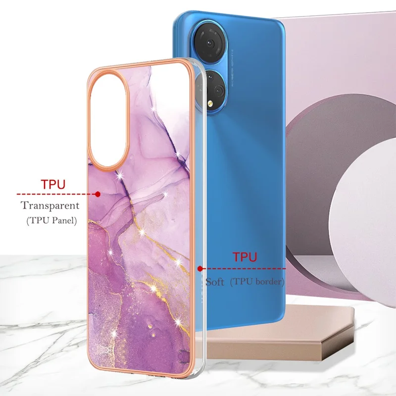 For Honor X7 TPU Case with IMD Marble Pattern Electroplated Back Cover - Purple 001