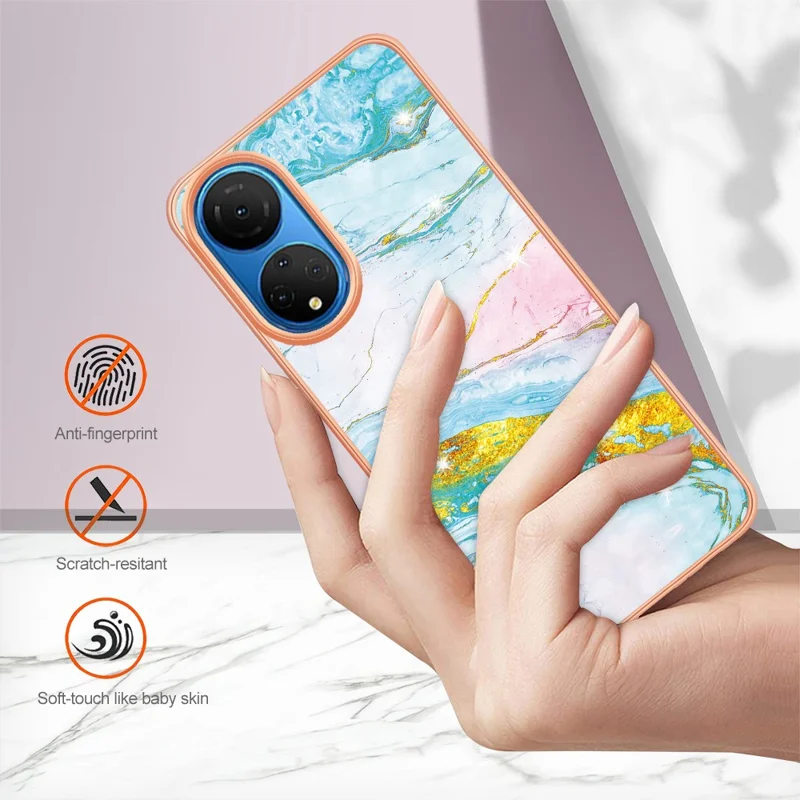 For Honor X7 TPU Case with IMD Marble Pattern Electroplated Back Cover - Green 004