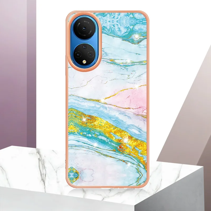 For Honor X7 TPU Case with IMD Marble Pattern Electroplated Back Cover - Green 004