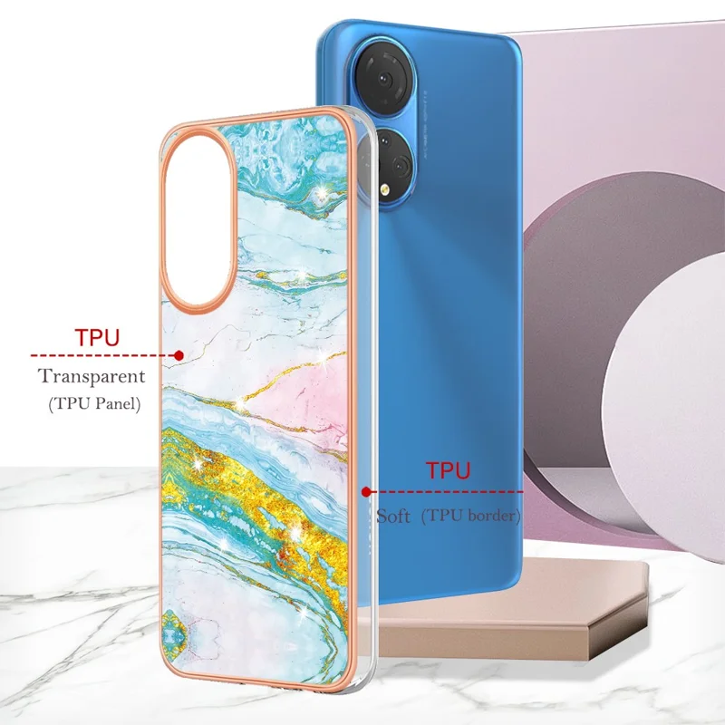 For Honor X7 TPU Case with IMD Marble Pattern Electroplated Back Cover - Green 004