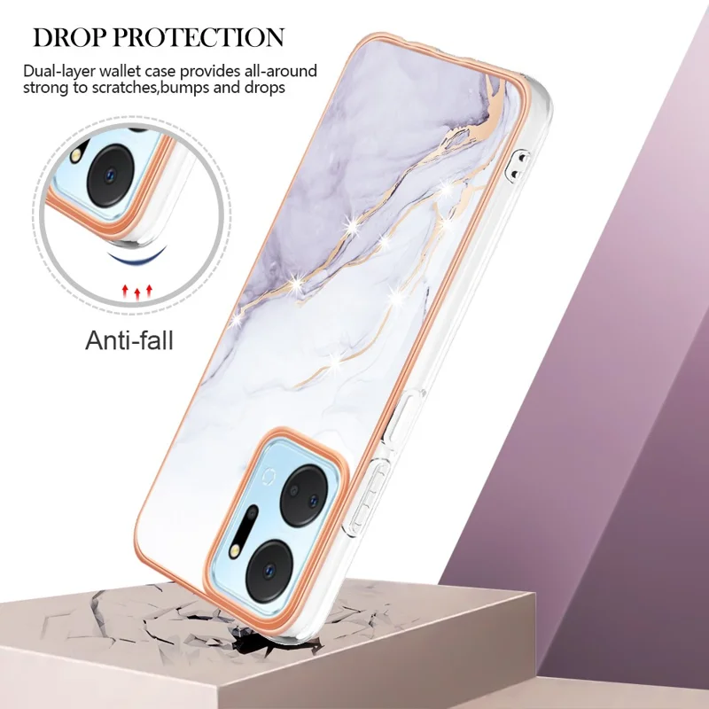For Honor X7a 4G TPU Case with IMD Marble Pattern Electroplated Back Cover - White 006
