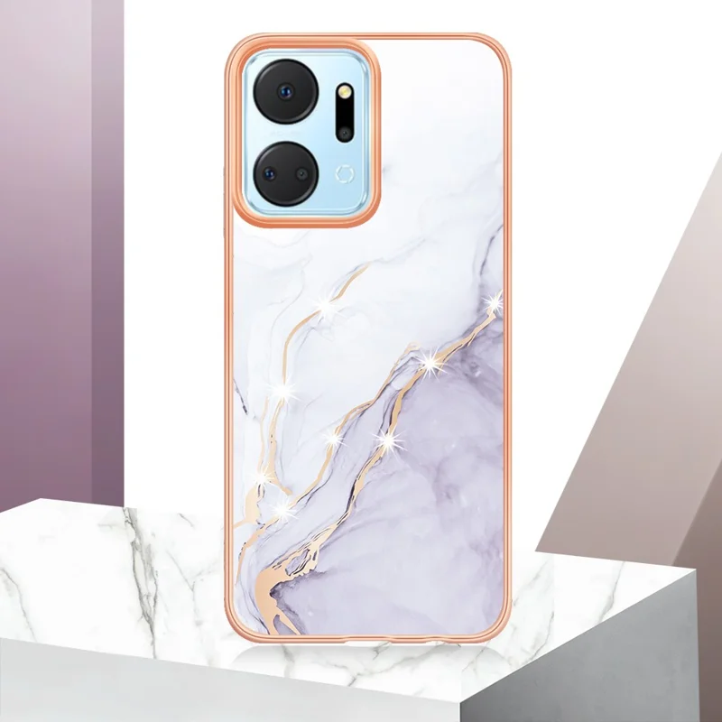 For Honor X7a 4G TPU Case with IMD Marble Pattern Electroplated Back Cover - White 006