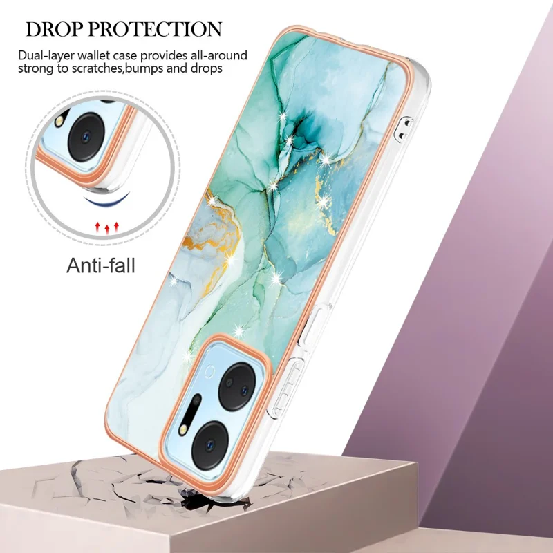 For Honor X7a 4G TPU Case with IMD Marble Pattern Electroplated Back Cover - Green 003
