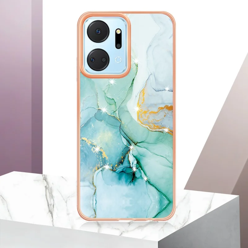 For Honor X7a 4G TPU Case with IMD Marble Pattern Electroplated Back Cover - Green 003