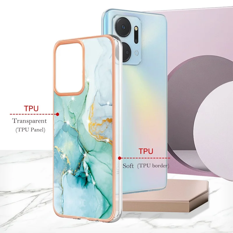 For Honor X7a 4G TPU Case with IMD Marble Pattern Electroplated Back Cover - Green 003