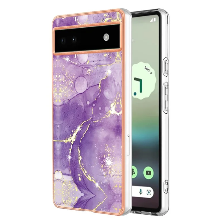 For Google Pixel 6a TPU Case with IMD Marble Pattern Electroplated Back Cover - Purple 002