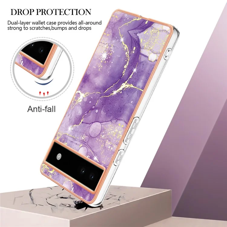For Google Pixel 6a TPU Case with IMD Marble Pattern Electroplated Back Cover - Purple 002