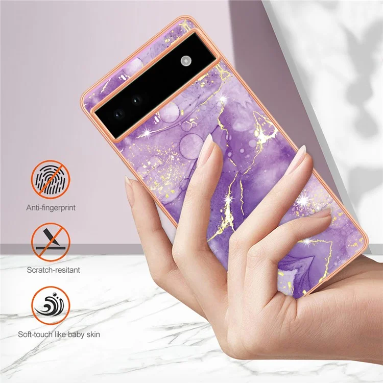 For Google Pixel 6a TPU Case with IMD Marble Pattern Electroplated Back Cover - Purple 002