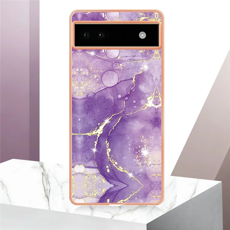 For Google Pixel 6a TPU Case with IMD Marble Pattern Electroplated Back Cover - Purple 002