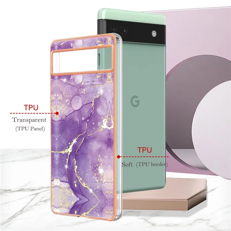 For Google Pixel 6a TPU Case with IMD Marble Pattern Electroplated Back Cover - Purple 002