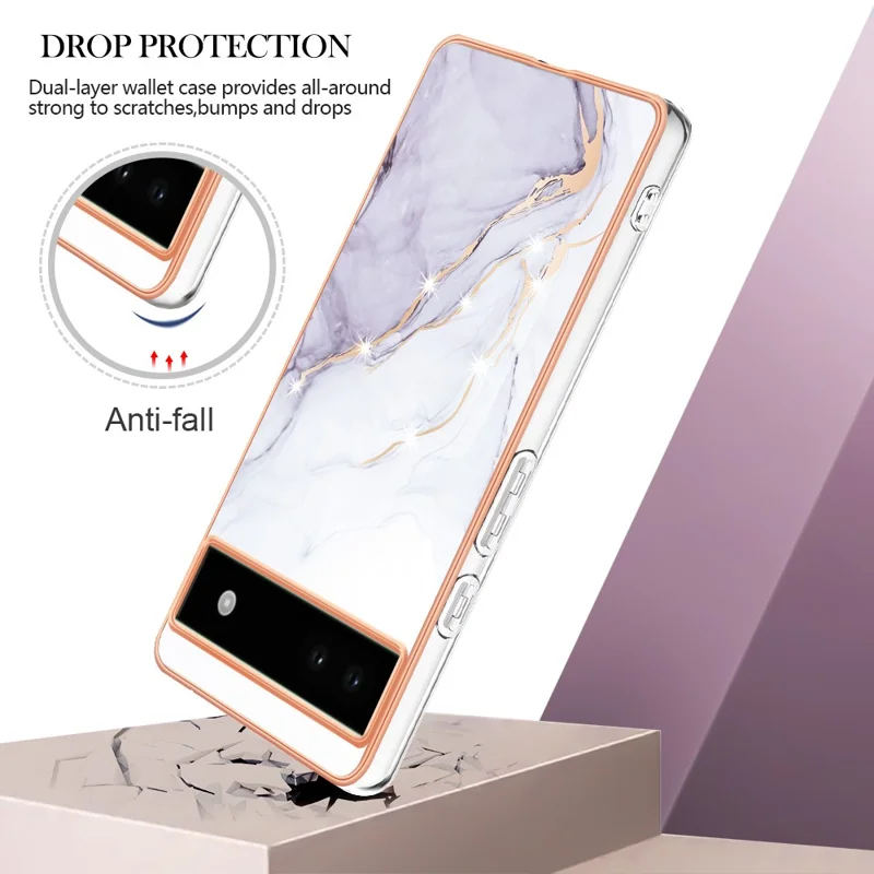 For Google Pixel 6a TPU Case with IMD Marble Pattern Electroplated Back Cover - White 006