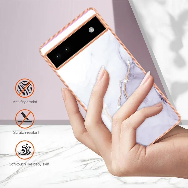 For Google Pixel 6a TPU Case with IMD Marble Pattern Electroplated Back Cover - White 006