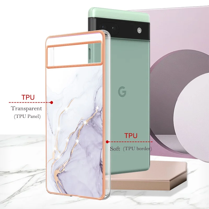 For Google Pixel 6a TPU Case with IMD Marble Pattern Electroplated Back Cover - White 006