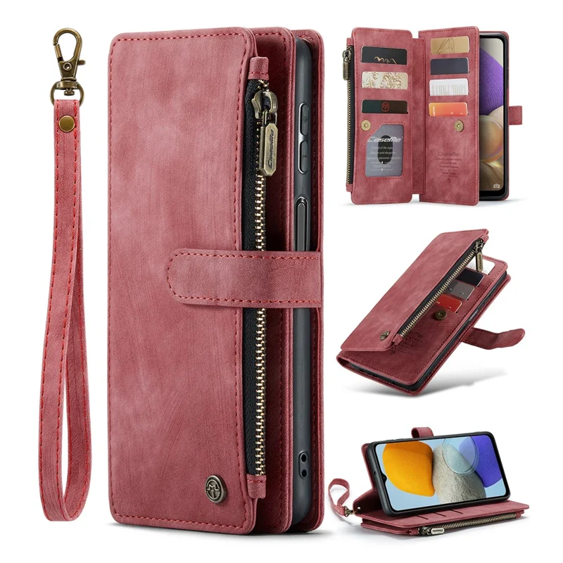 CASEME C30 Serie Reißverschluss-Ledertelefonhülle für Samsung Galaxy A23 4G / 5G (Globalversion) / M23 5G / F23 5G, Ständer 10 Kartenfächer, Brieftasche - Rot