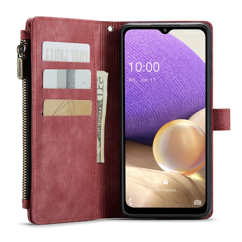 CASEME C30 Serie Reißverschluss-Ledertelefonhülle für Samsung Galaxy A23 4G / 5G (Globalversion) / M23 5G / F23 5G, Ständer 10 Kartenfächer, Brieftasche - Rot