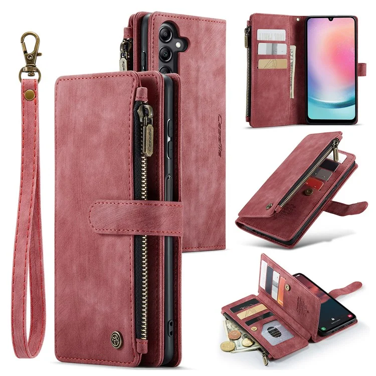 CASEME C30 Series para Samsung Galaxy A24 4G (162,1 x 77,6 x 8,3 mm) Funda de Teléfono de Piel de PU con Soporte y Cremallera, 10 Ranuras para Tarjetas y Billetera - Rojo