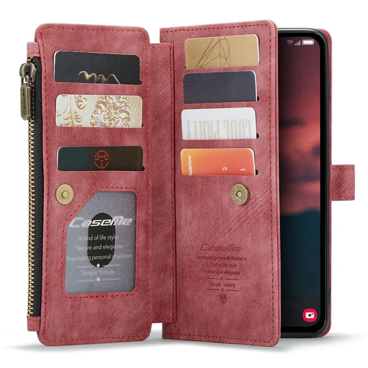 CASEME C30 Series para Samsung Galaxy A24 4G (162,1 x 77,6 x 8,3 mm) Funda de Teléfono de Piel de PU con Soporte y Cremallera, 10 Ranuras para Tarjetas y Billetera - Rojo