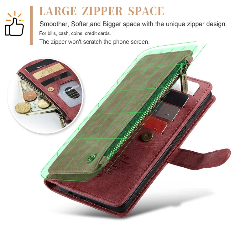CASEME C30 Series para Samsung Galaxy A24 4G (162,1 x 77,6 x 8,3 mm) Funda de Teléfono de Piel de PU con Soporte y Cremallera, 10 Ranuras para Tarjetas y Billetera - Rojo