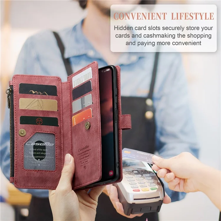 CASEME C30 Series para Samsung Galaxy A24 4G (162,1 x 77,6 x 8,3 mm) Funda de Teléfono de Piel de PU con Soporte y Cremallera, 10 Ranuras para Tarjetas y Billetera - Rojo
