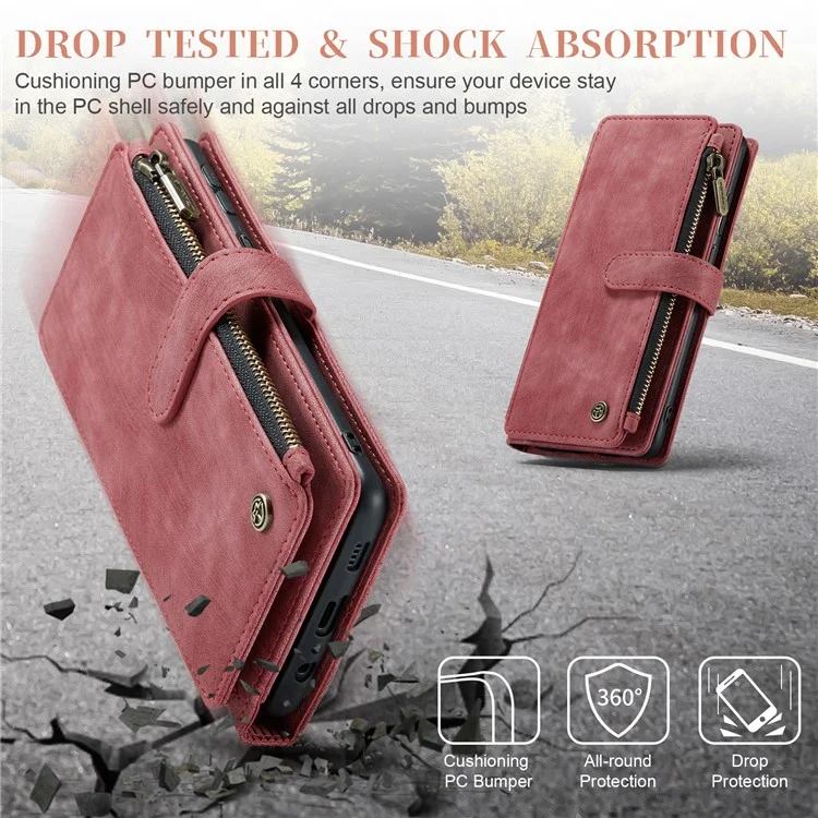 CASEME C30 Series para Samsung Galaxy A24 4G (162,1 x 77,6 x 8,3 mm) Funda de Teléfono de Piel de PU con Soporte y Cremallera, 10 Ranuras para Tarjetas y Billetera - Rojo