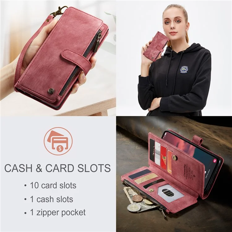 CASEME C30 Series para Samsung Galaxy A24 4G (162,1 x 77,6 x 8,3 mm) Funda de Teléfono de Piel de PU con Soporte y Cremallera, 10 Ranuras para Tarjetas y Billetera - Rojo
