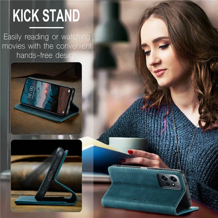 CASEME 013 Series Para Xiaomi Redmi Note 12 4G Capa de Celular em Couro PU com Suporte Anti-queda - Azul