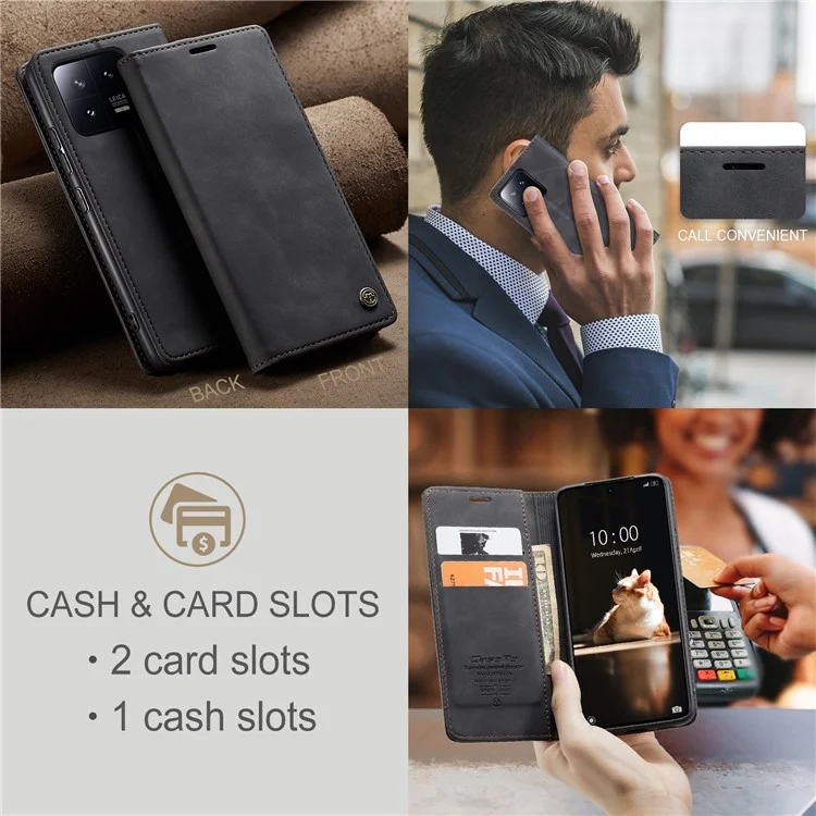 CASEME 013 Серия для Xiaomi 13 5G PU кожаный чехол-книжка для телефона Защитный чехол-портмоне - черный