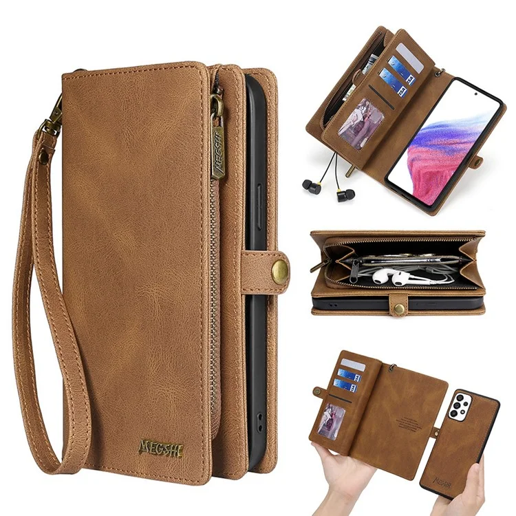 MEGSHI 017 Serie für Samsung Galaxy A33 5G Abnehmbare Magnet Cover Reißverschluss-Geldbörse PU-Leder Flip-Case mit Handschlaufe - Braun