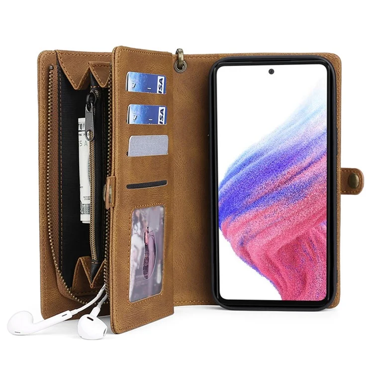 MEGSHI 017 Serie für Samsung Galaxy A33 5G Abnehmbare Magnet Cover Reißverschluss-Geldbörse PU-Leder Flip-Case mit Handschlaufe - Braun