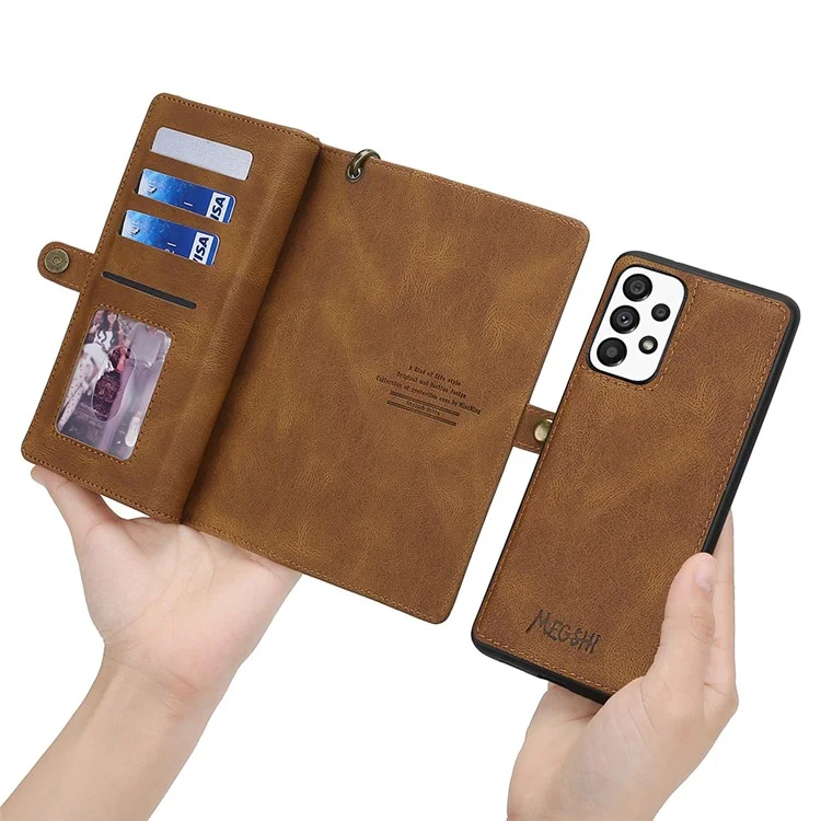MEGSHI 017 Serie für Samsung Galaxy A33 5G Abnehmbare Magnet Cover Reißverschluss-Geldbörse PU-Leder Flip-Case mit Handschlaufe - Braun