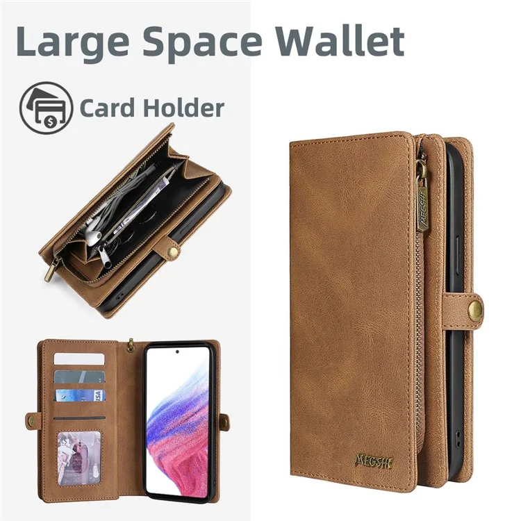 MEGSHI 017 Serie für Samsung Galaxy A33 5G Abnehmbare Magnet Cover Reißverschluss-Geldbörse PU-Leder Flip-Case mit Handschlaufe - Braun
