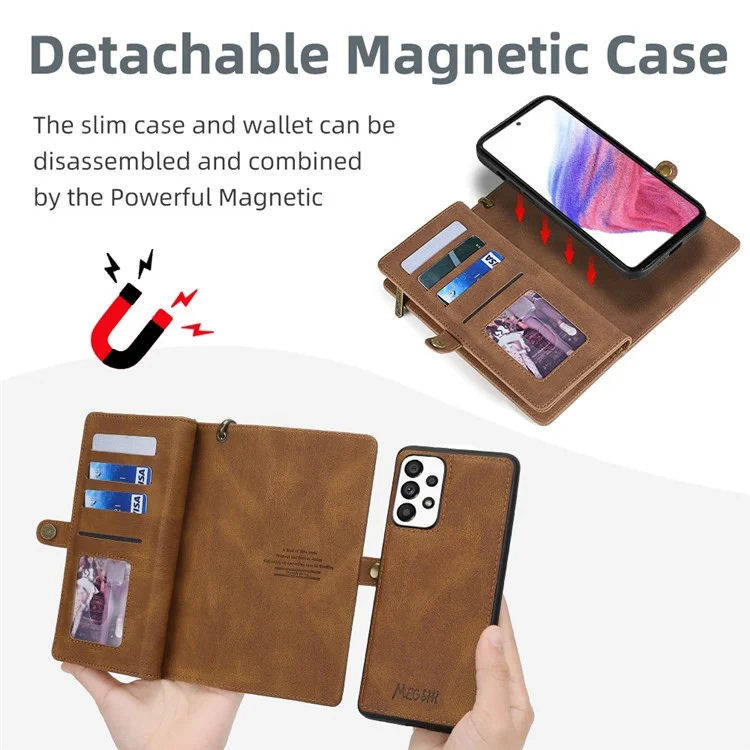 MEGSHI 017 Serie für Samsung Galaxy A33 5G Abnehmbare Magnet Cover Reißverschluss-Geldbörse PU-Leder Flip-Case mit Handschlaufe - Braun