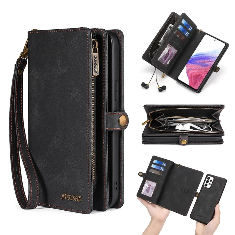 MEGSHI 017 Series For Samsung Galaxy A32 4G (EU Version) Detachable Leather Case Magnetic Absorption Zippered Wallet Shockproof Cover - Black
