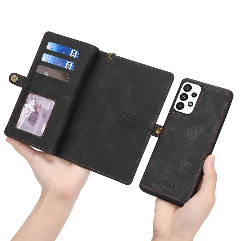 MEGSHI 017 Series For Samsung Galaxy A32 4G (EU Version) Detachable Leather Case Magnetic Absorption Zippered Wallet Shockproof Cover - Black