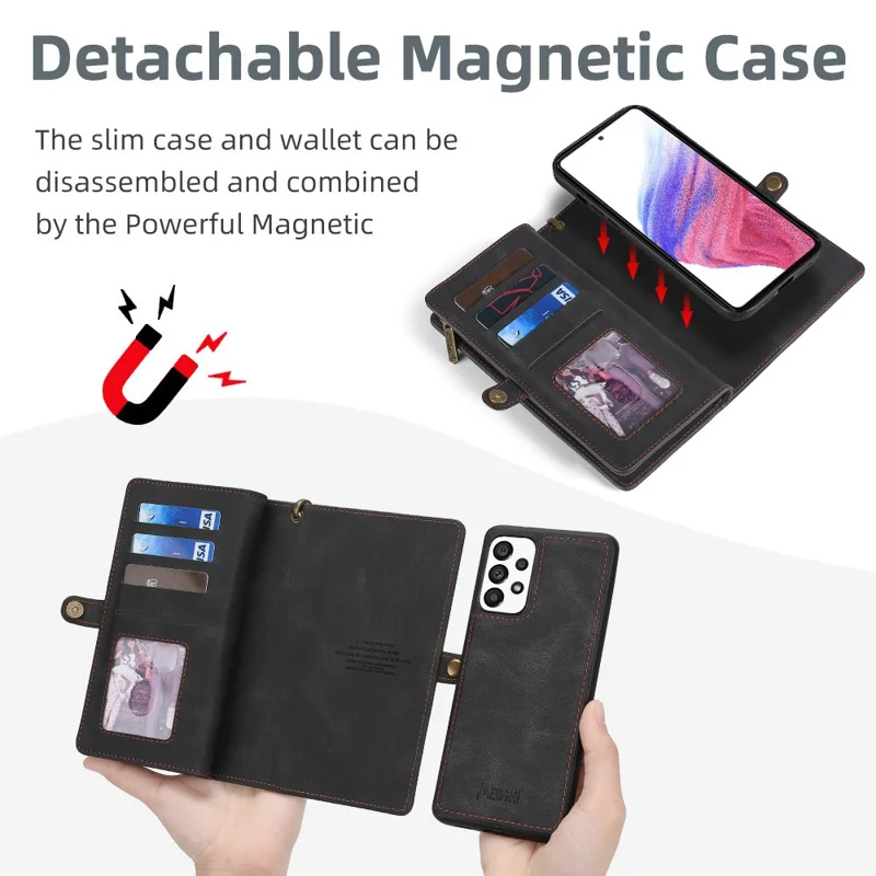 MEGSHI 017 Series For Samsung Galaxy A32 4G (EU Version) Detachable Leather Case Magnetic Absorption Zippered Wallet Shockproof Cover - Black