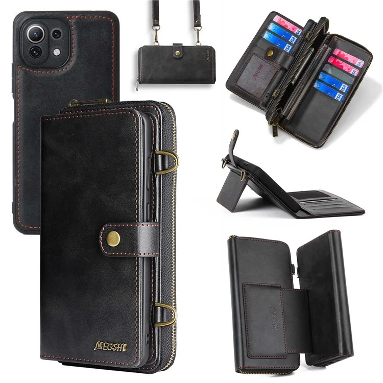 MEGSHI 020 Series for Xiaomi Mi 11 Lite 4G / 5G / 11 Lite 5G NE Detachable 2-in-1 Wallet PU Leather+PC+TPU Phone Case Stand Cover - Black
