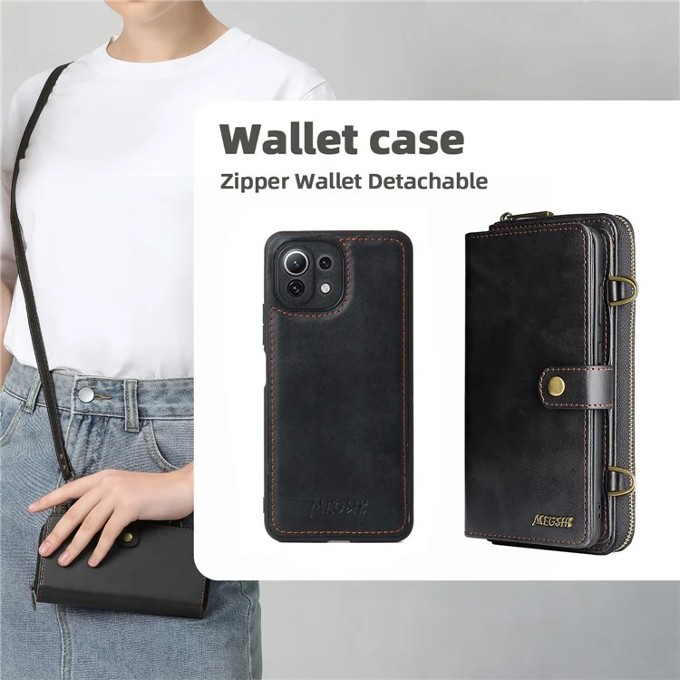 MEGSHI 020 Series for Xiaomi Mi 11 Lite 4G / 5G / 11 Lite 5G NE Detachable 2-in-1 Wallet PU Leather+PC+TPU Phone Case Stand Cover - Black