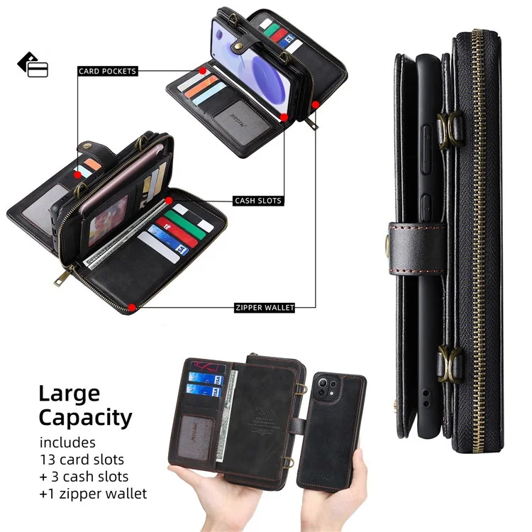 MEGSHI 020 Series for Xiaomi Mi 11 Lite 4G / 5G / 11 Lite 5G NE Detachable 2-in-1 Wallet PU Leather+PC+TPU Phone Case Stand Cover - Black
