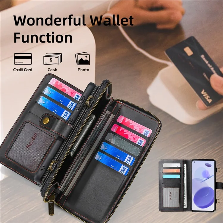 MEGSHI 020 Series for Xiaomi Mi 11 Lite 4G / 5G / 11 Lite 5G NE Detachable 2-in-1 Wallet PU Leather+PC+TPU Phone Case Stand Cover - Black