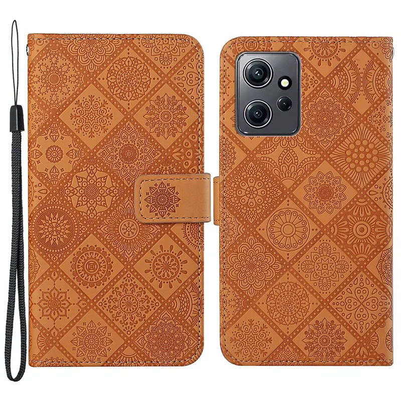 Per Xiaomi Redmi Note 12 4G Case Ethnic Style Phone Cover Imprinted Flower Pattern PU Leather Wallet Cover - Brown